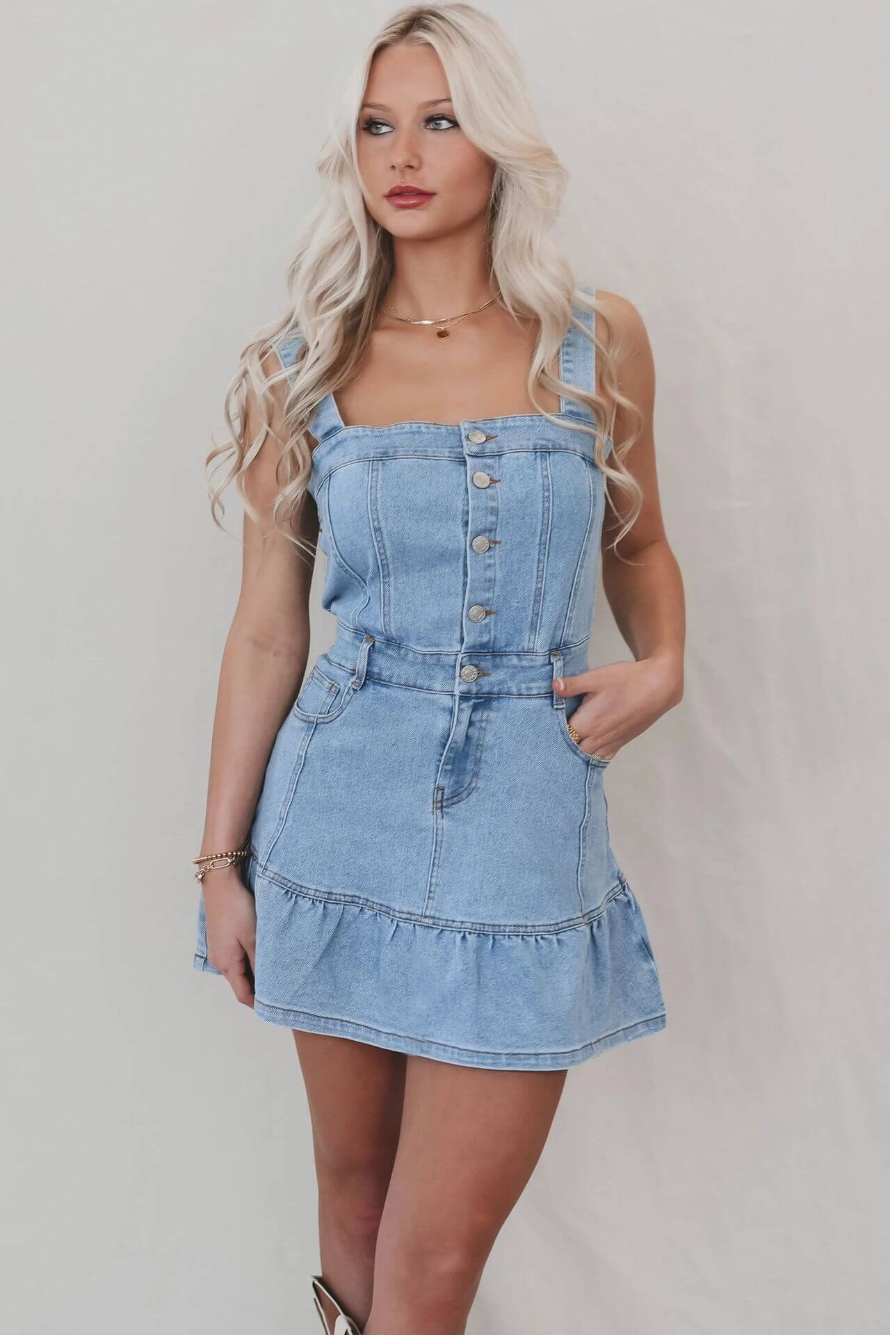 JENNY LIGHT DENIM BUTTON-UP RUFFLE MINI DRESS
