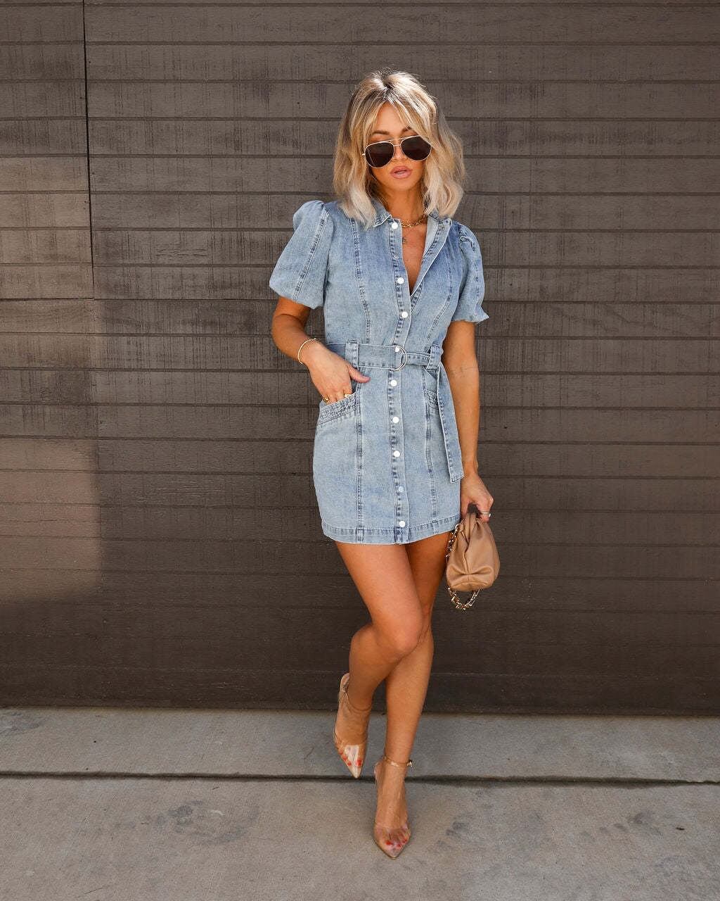SAVANNAH LIGHT DENIM BELTED PUFF SLEEVE MINI DRESS