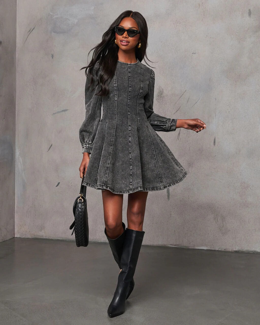SOPHIA DARK WASH DENIM LONG SLEEVE MINI DRESS