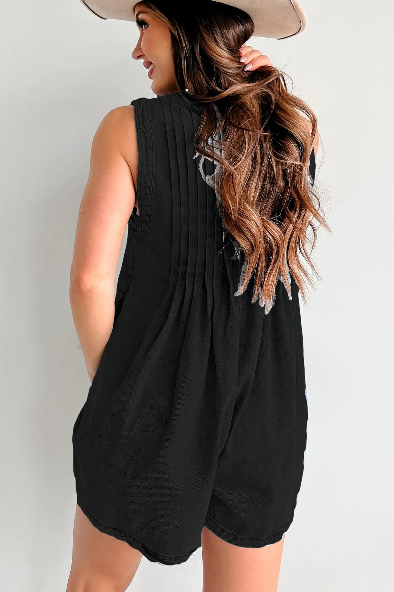 LANA LIGHT DENIM TIE-FRONT PLEATED ROMPER DRESS