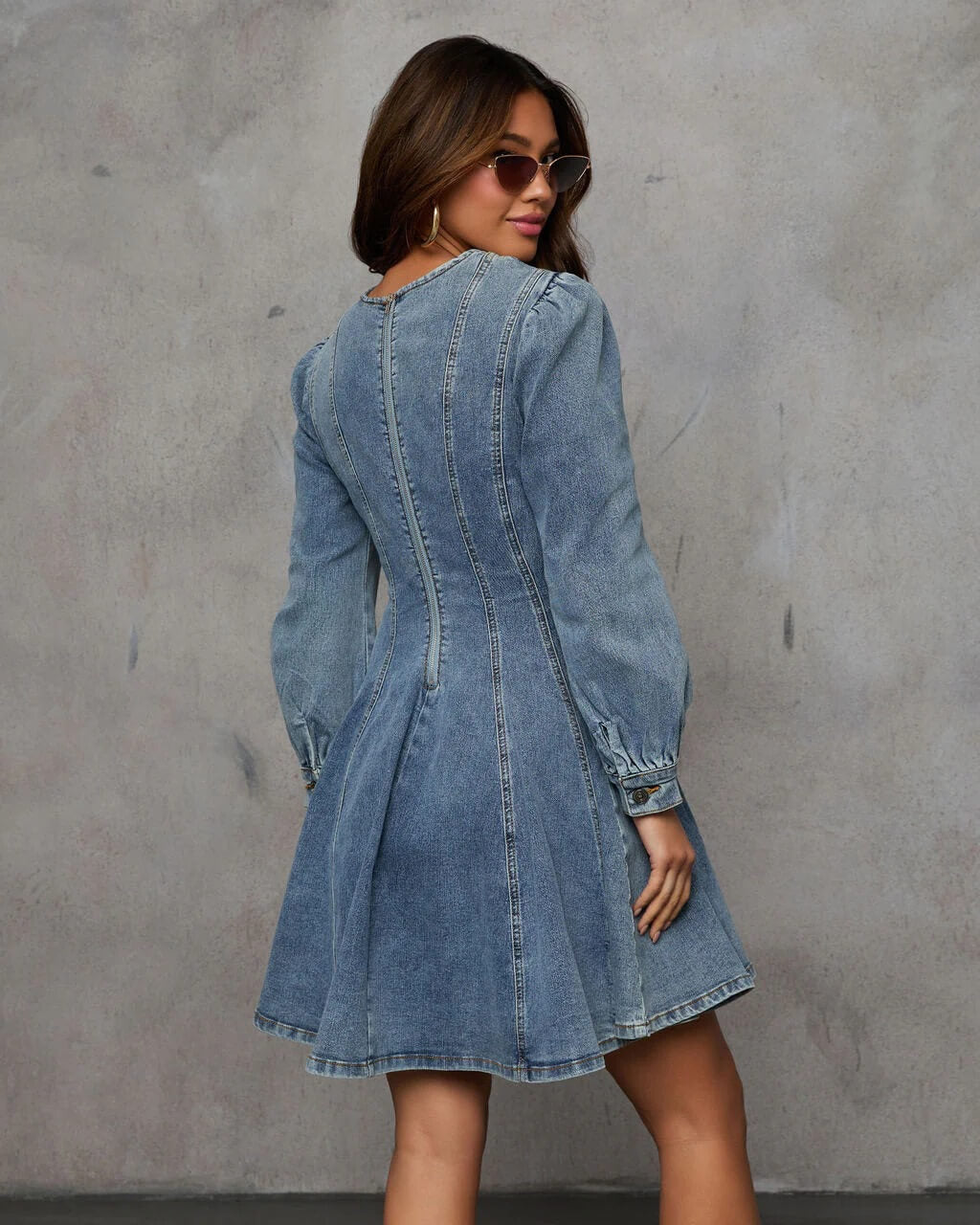 SOPHIA DARK WASH DENIM LONG SLEEVE MINI DRESS