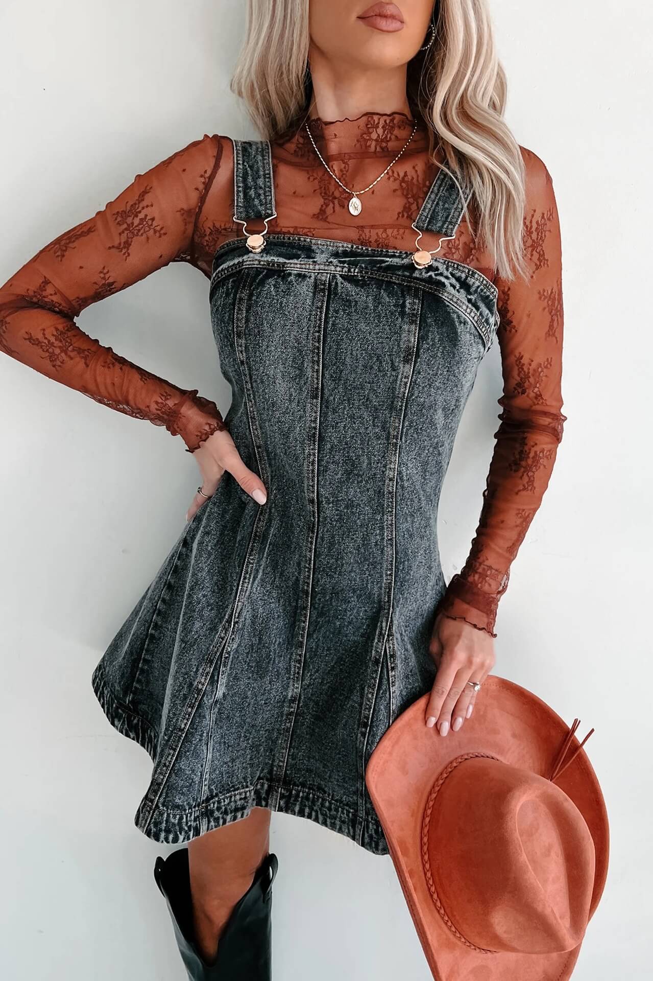 ELARA ACID WASH DENIM A-LINE MINI DRESS