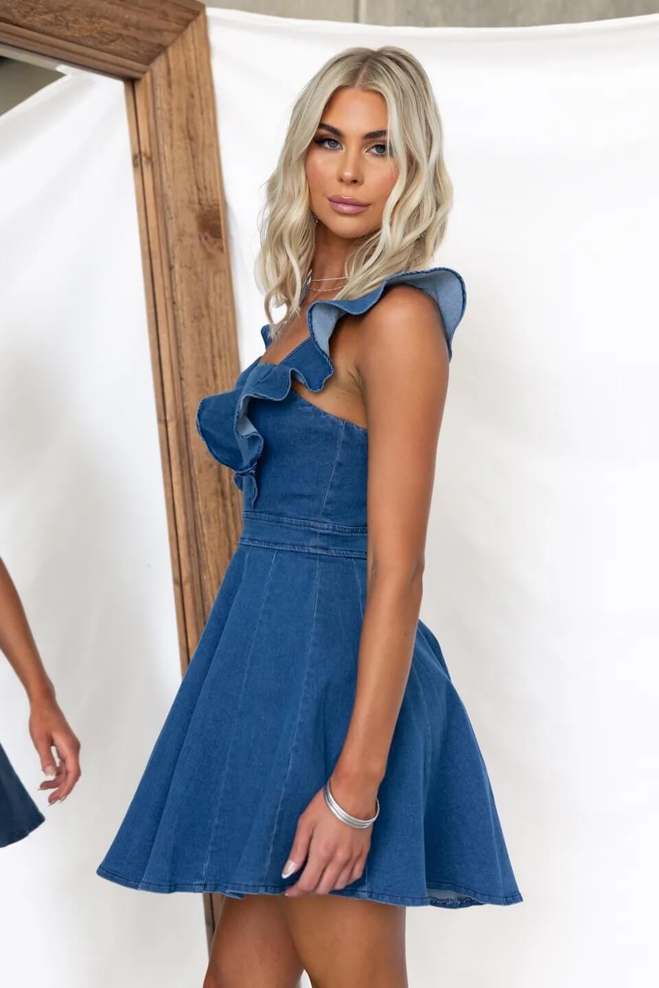 BELLA LIGHT DENIM RUFFLE STRAP FLARE MINI DRESS