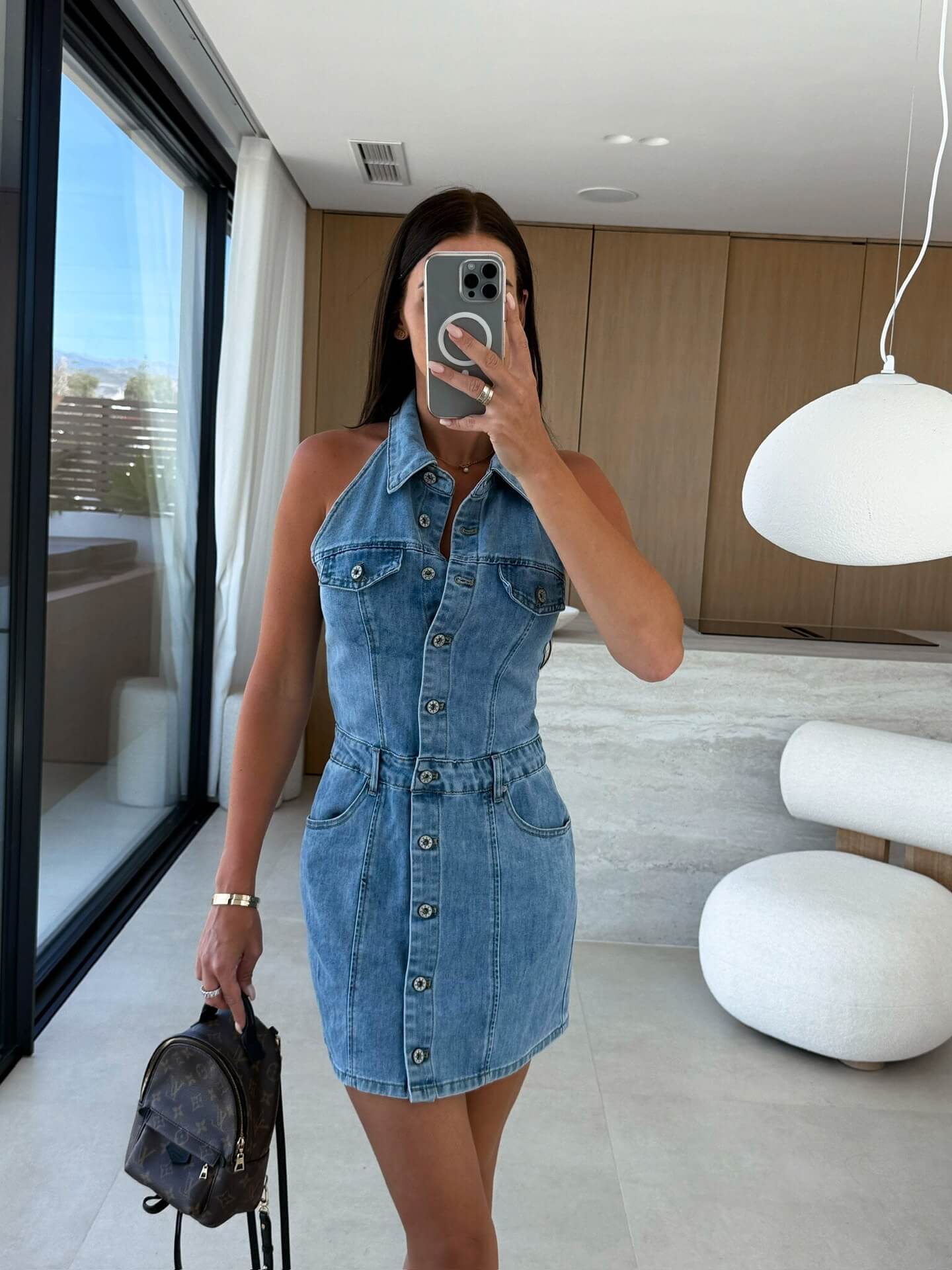 AUBREY LIGHT DENIM HALTER BUTTON-UP MINI DRESS