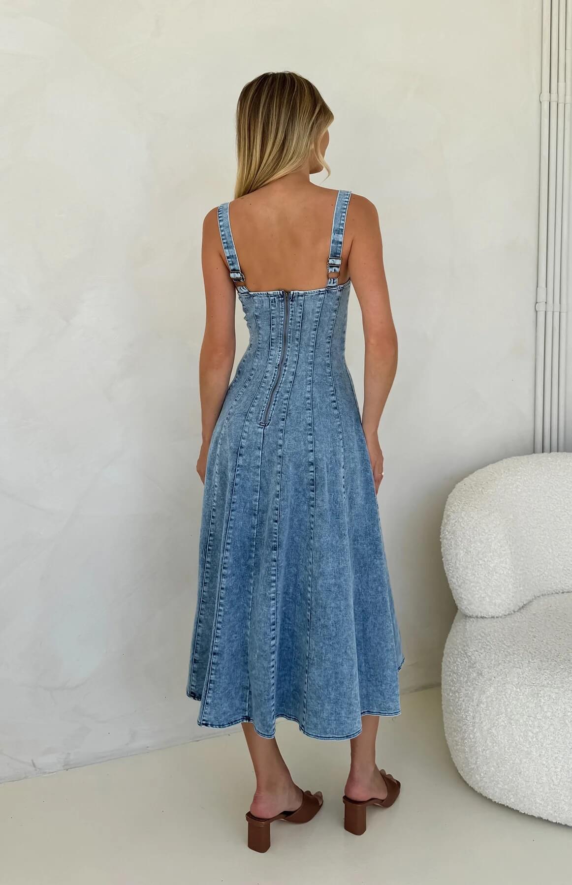 ZOE LIGHT WASH DENIM PANEL FIT MINI & MIDI DRESS