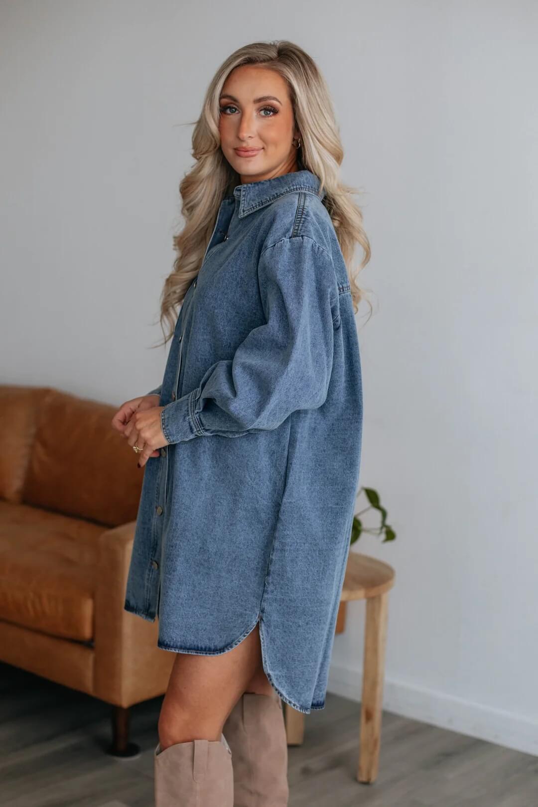 MILA DARK WASH DENIM BELTED SHIRT MINI DRESS