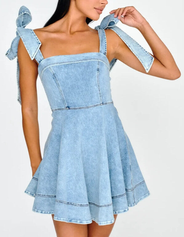 BRIANA Dark Denim Bow Strap Mini Dress