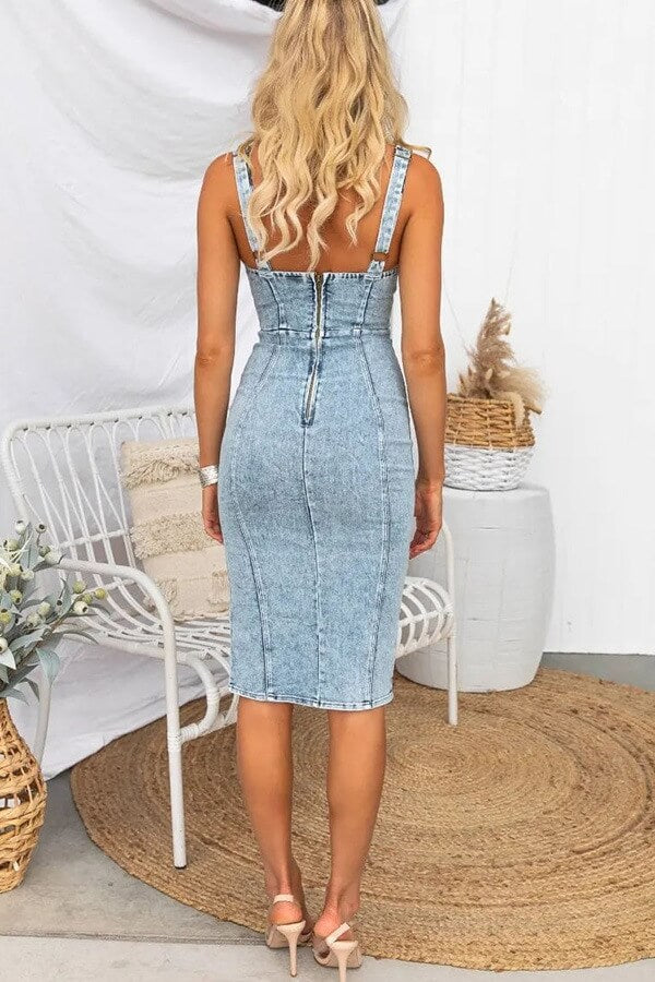 BIANCA LIGHT WASH DENIM BODYCON SLIT MIDI DRESS