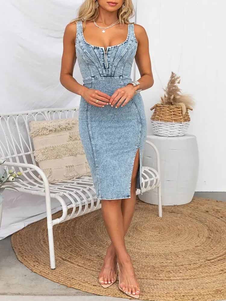 BIANCA LIGHT WASH DENIM BODYCON SLIT MIDI DRESS