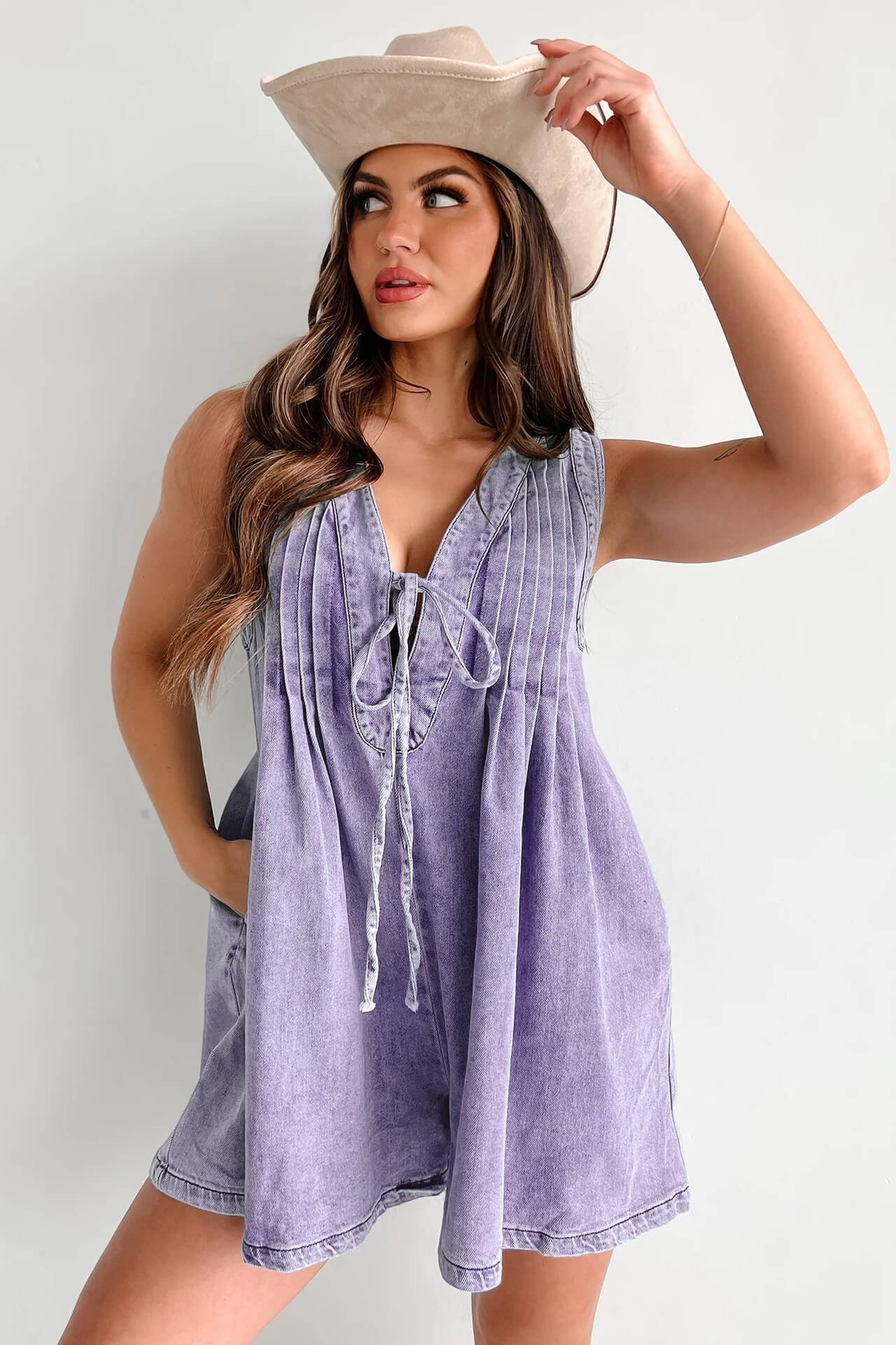 LANA LIGHT DENIM TIE-FRONT PLEATED ROMPER DRESS