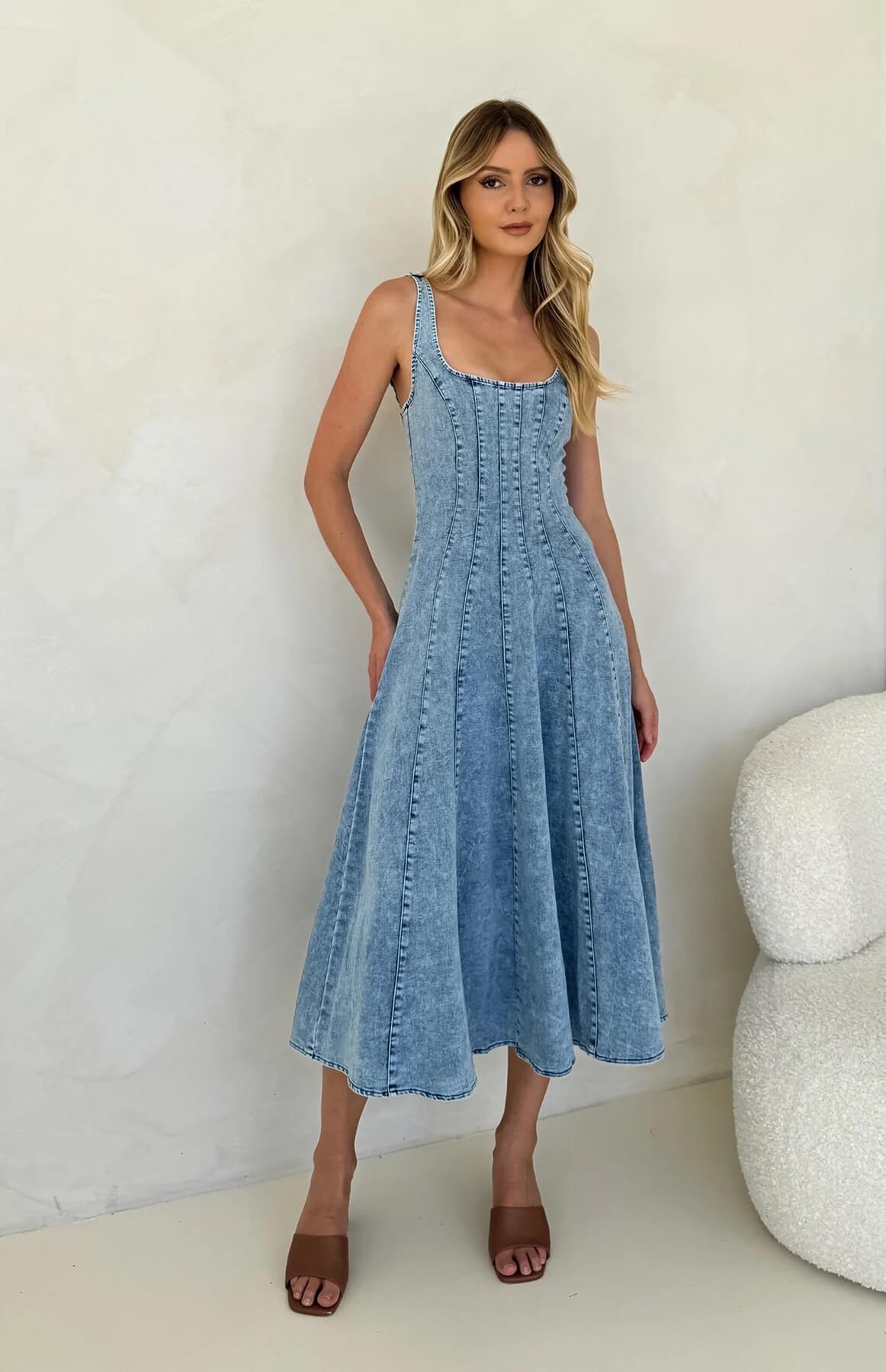 ZOE LIGHT WASH DENIM PANEL FIT MINI & MIDI DRESS