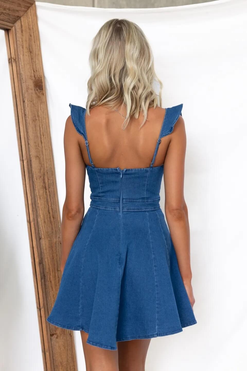 BELLA LIGHT DENIM RUFFLE STRAP FLARE MINI DRESS