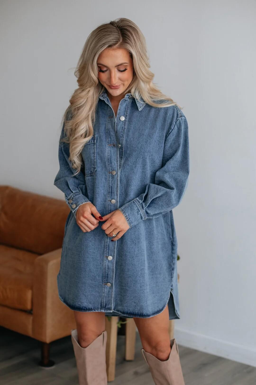 MILA DARK WASH DENIM BELTED SHIRT MINI DRESS