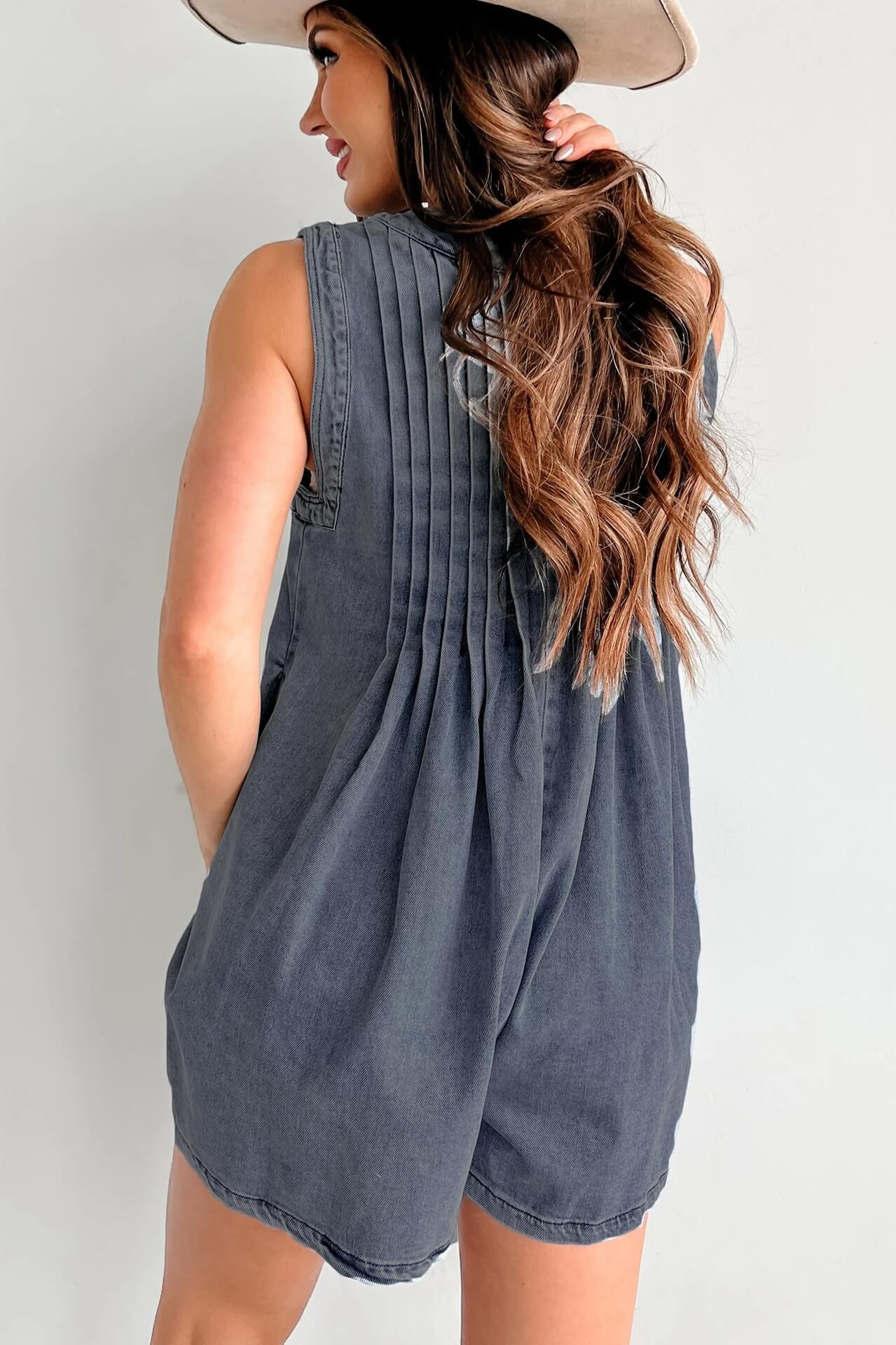 LANA LIGHT DENIM TIE-FRONT PLEATED ROMPER DRESS
