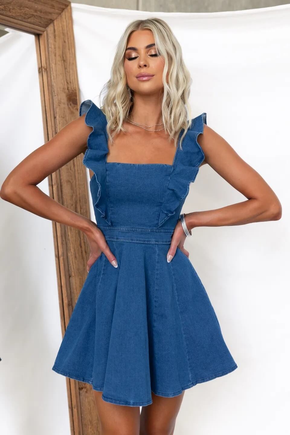 BELLA LIGHT DENIM RUFFLE STRAP FLARE MINI DRESS