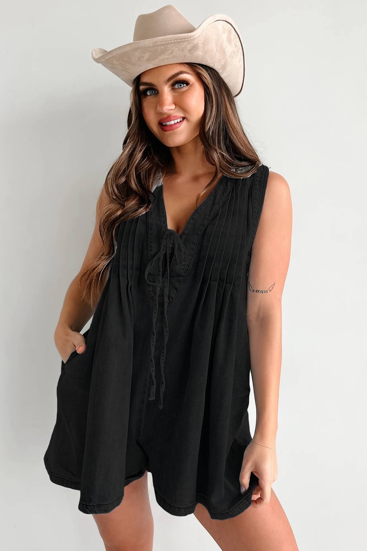 LANA LIGHT DENIM TIE-FRONT PLEATED ROMPER DRESS