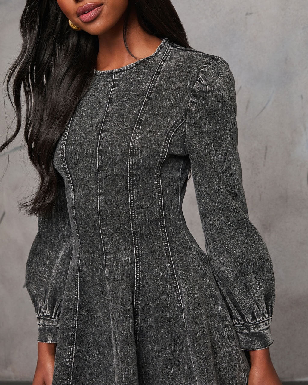 SOPHIA DARK WASH DENIM LONG SLEEVE MINI DRESS