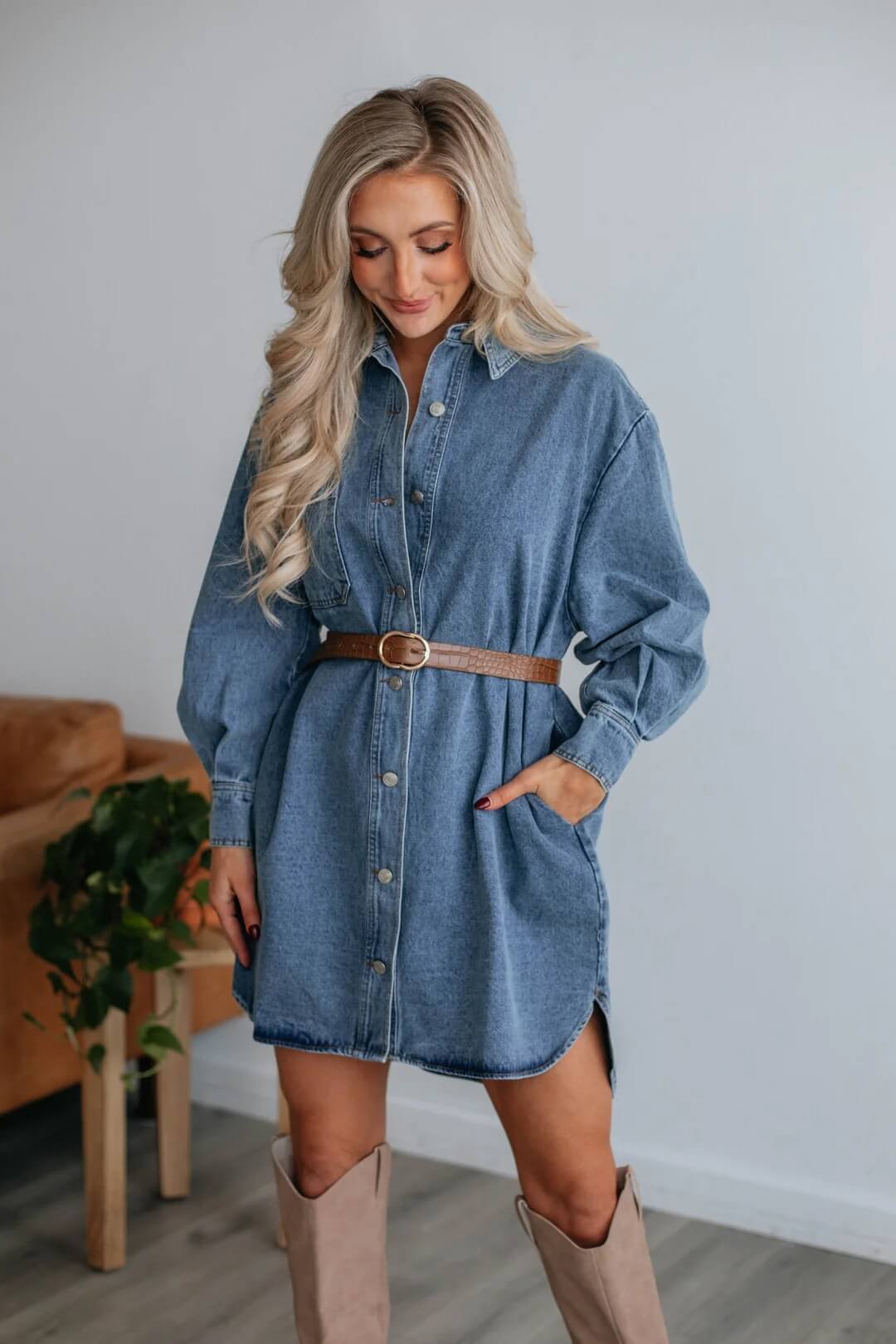 MILA DARK WASH DENIM BELTED SHIRT MINI DRESS