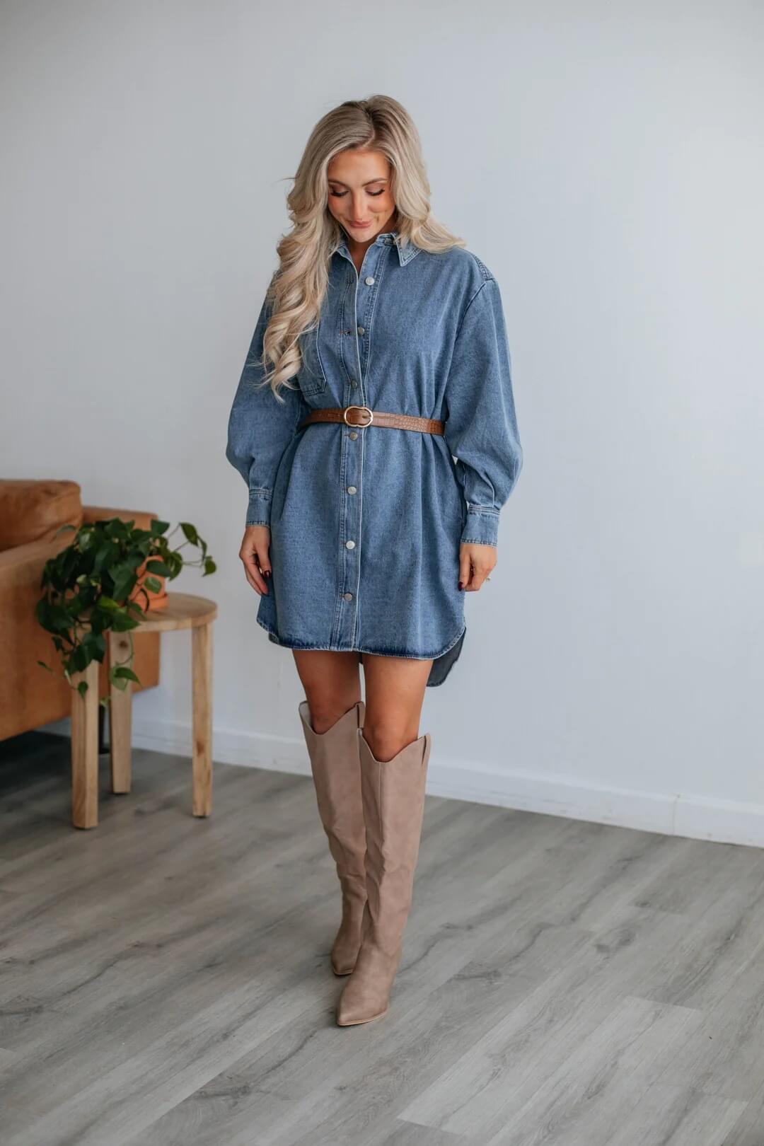 MILA DARK WASH DENIM BELTED SHIRT MINI DRESS