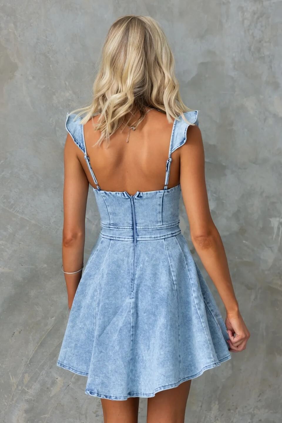 BELLA LIGHT DENIM RUFFLE STRAP FLARE MINI DRESS