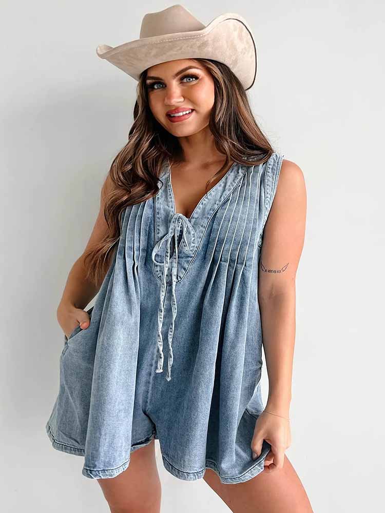 LANA LIGHT DENIM TIE-FRONT PLEATED ROMPER DRESS