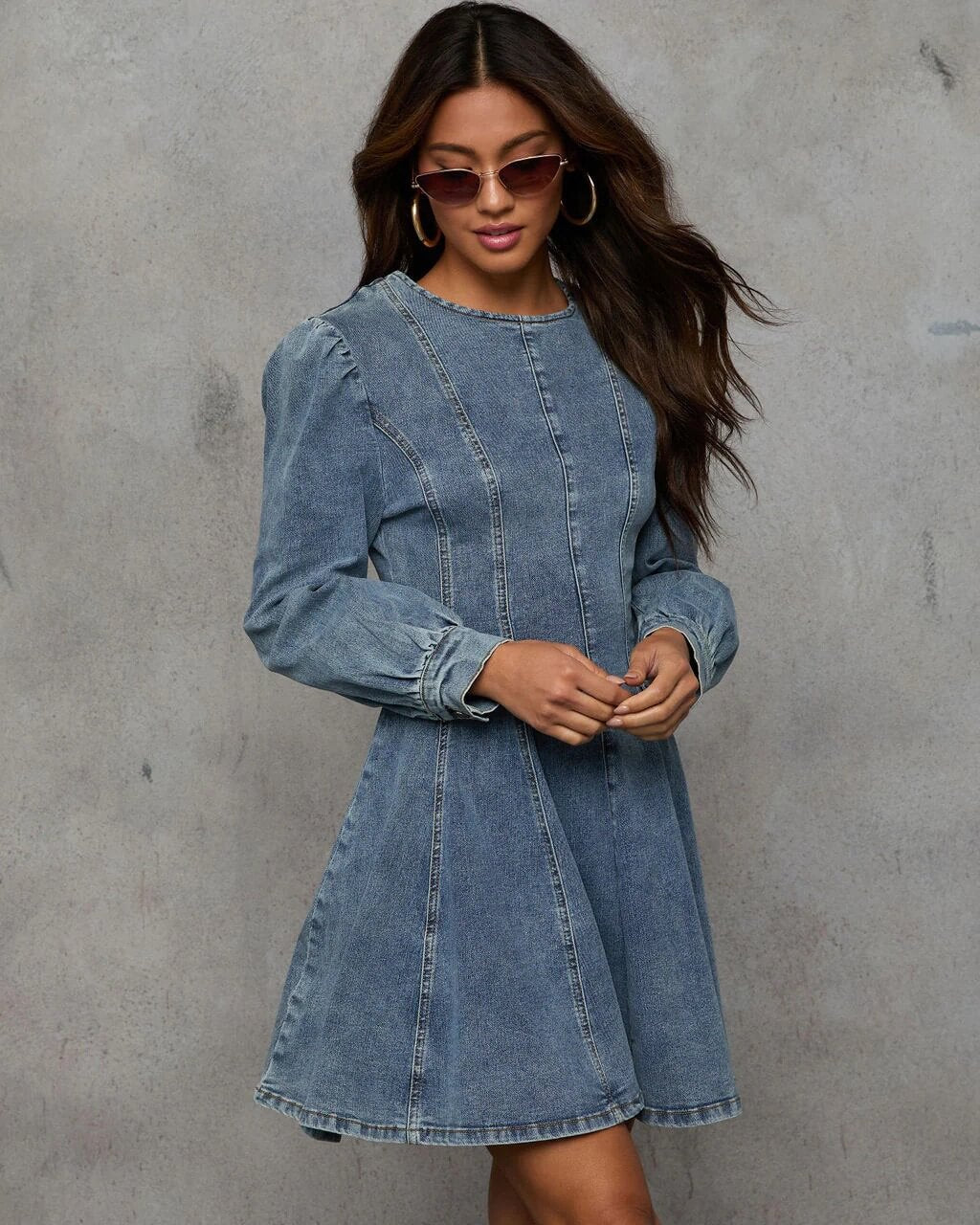 SOPHIA DARK WASH DENIM LONG SLEEVE MINI DRESS