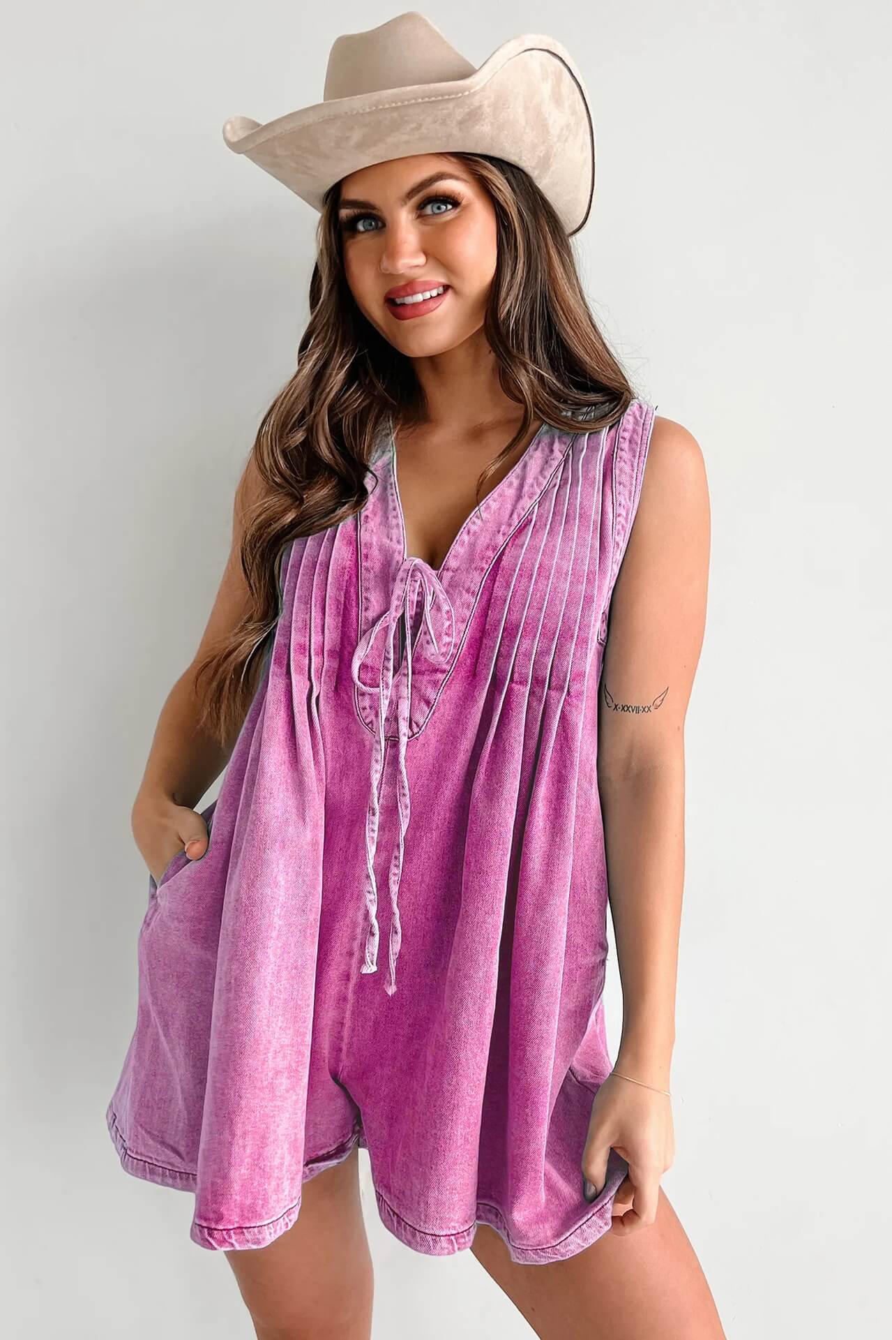 LANA LIGHT DENIM TIE-FRONT PLEATED ROMPER DRESS