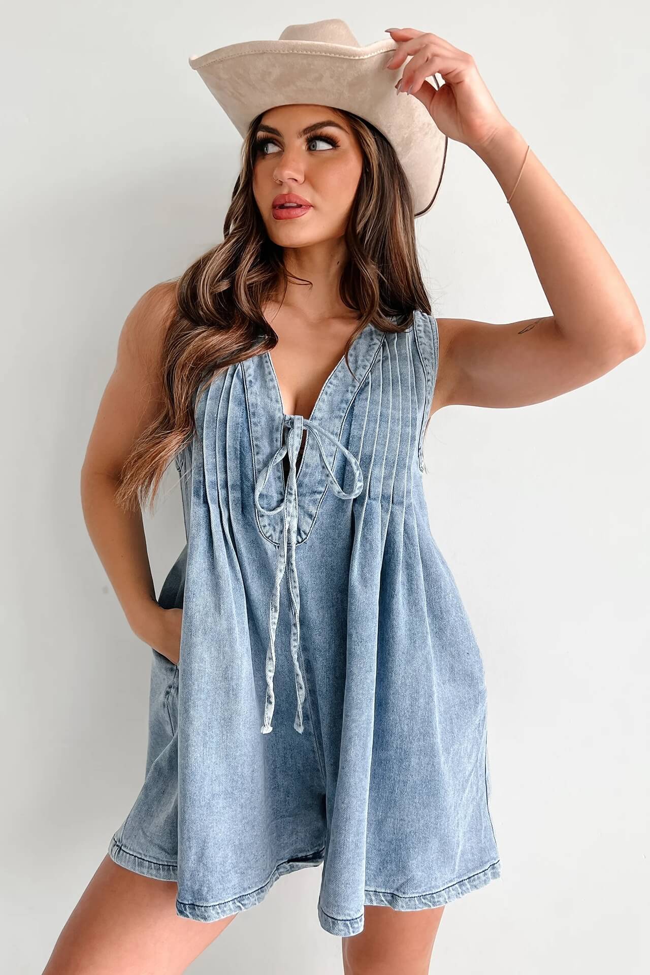 LANA LIGHT DENIM TIE-FRONT PLEATED ROMPER DRESS