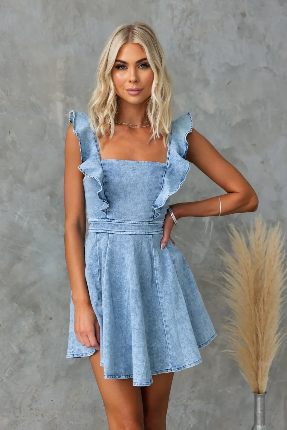 BELLA LIGHT DENIM RUFFLE STRAP FLARE MINI DRESS
