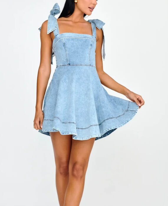 BRIANA Dark Denim Bow Strap Mini Dress