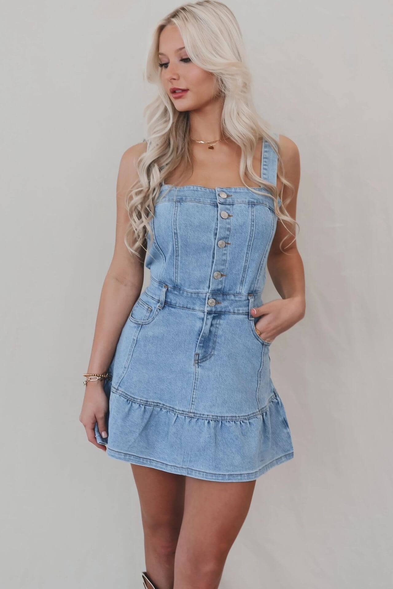 JENNY LIGHT DENIM BUTTON-UP RUFFLE MINI DRESS