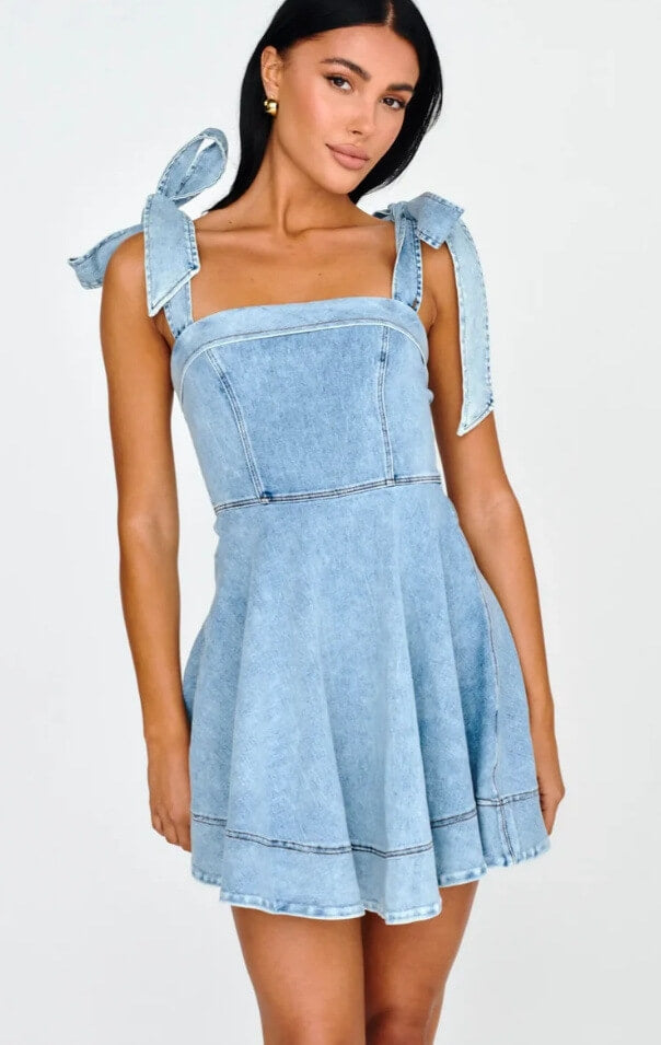 BRIANA Dark Denim Bow Strap Mini Dress