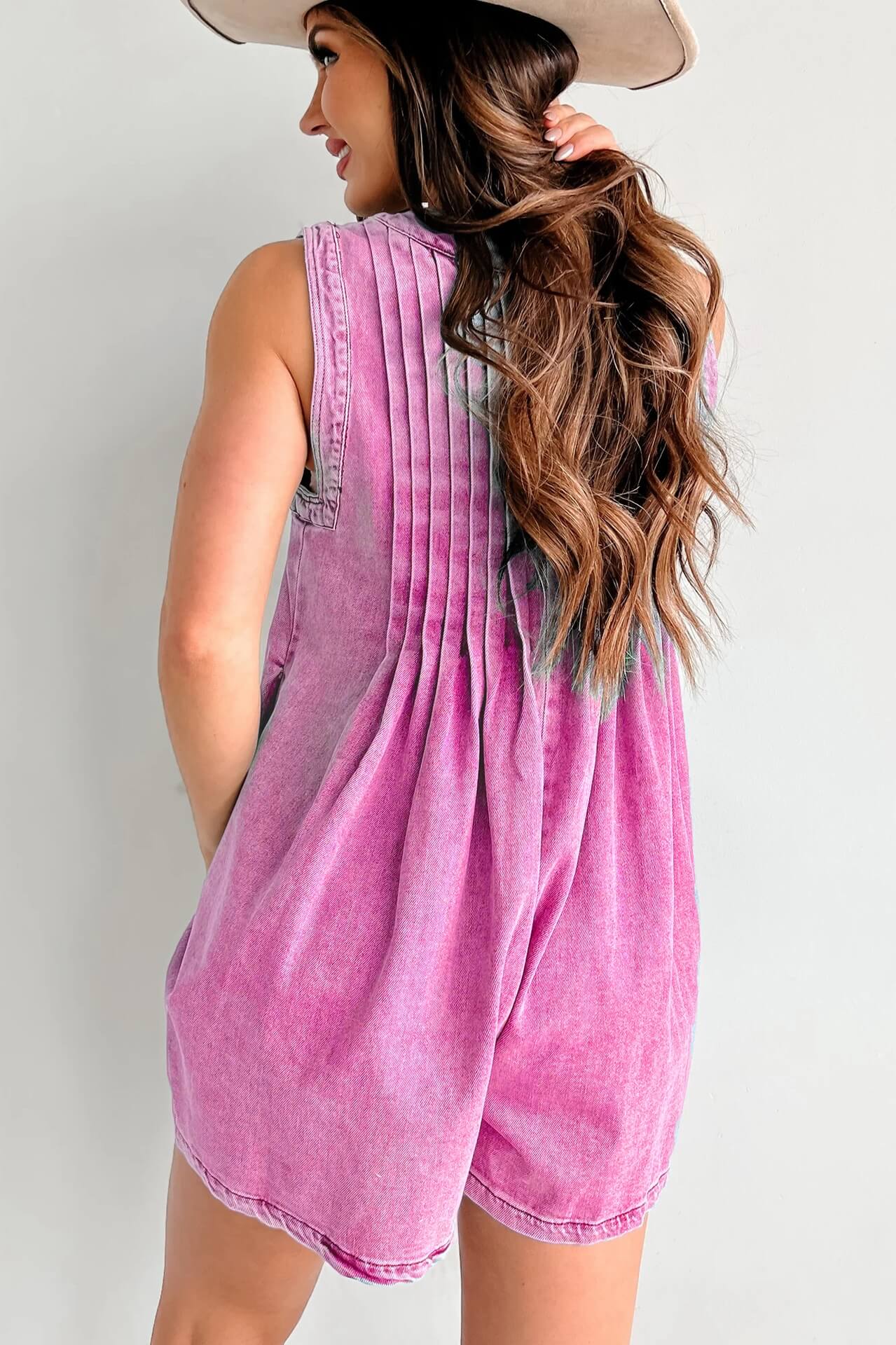 LANA LIGHT DENIM TIE-FRONT PLEATED ROMPER DRESS