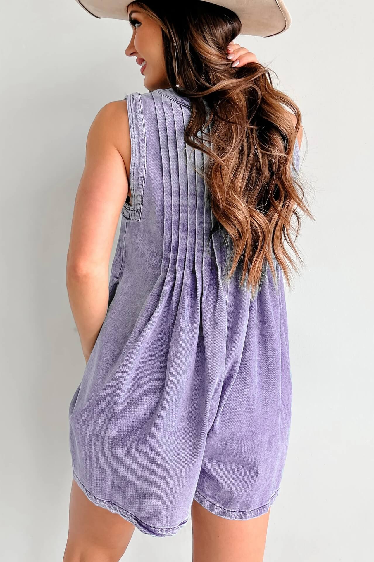 LANA LIGHT DENIM TIE-FRONT PLEATED ROMPER DRESS