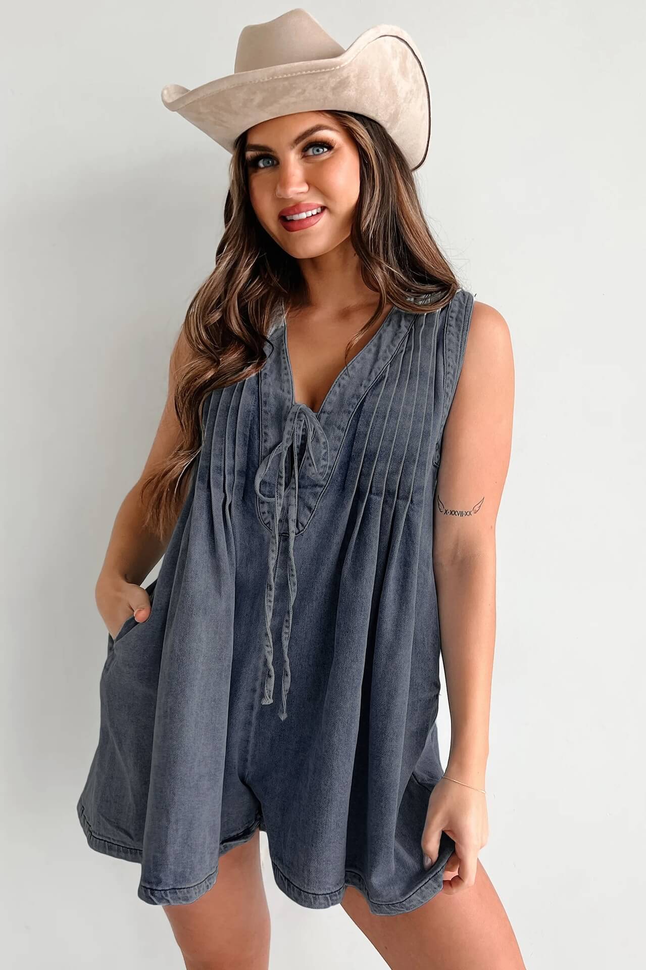 LANA LIGHT DENIM TIE-FRONT PLEATED ROMPER DRESS