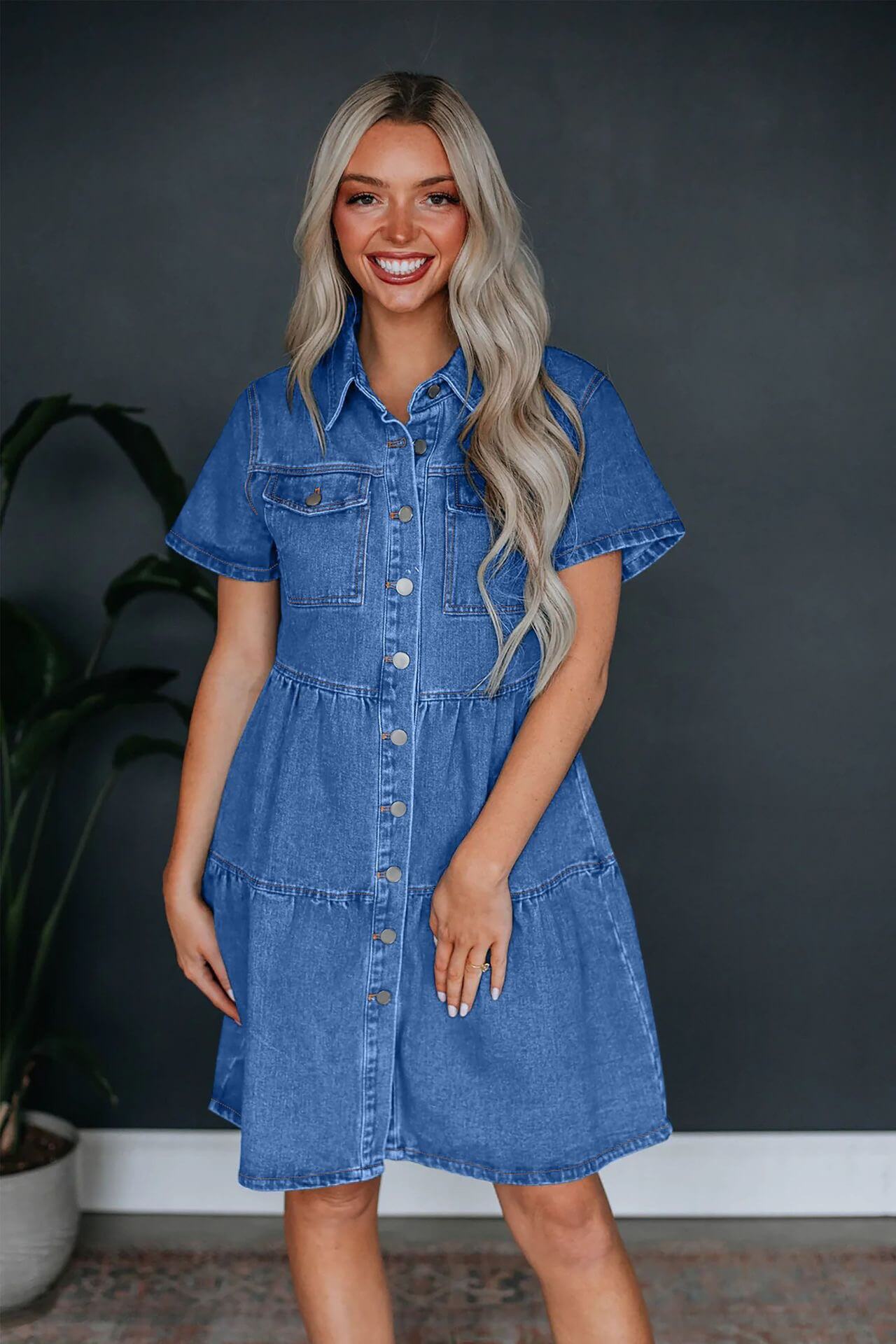 BELLA LIGHT & DARK WASH DENIM TIERED SHIRT MINI DRESS