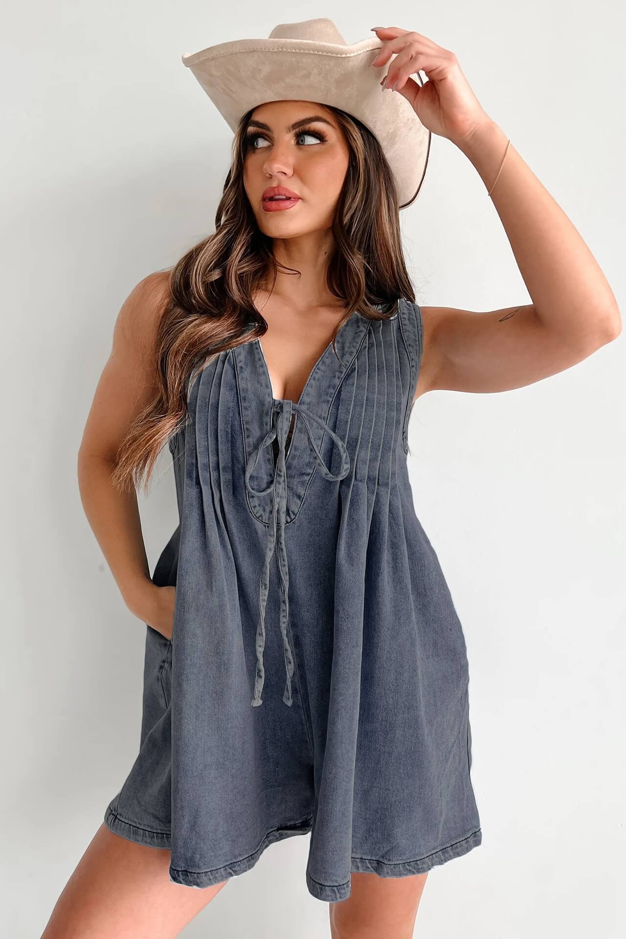 LANA LIGHT DENIM TIE-FRONT PLEATED ROMPER DRESS