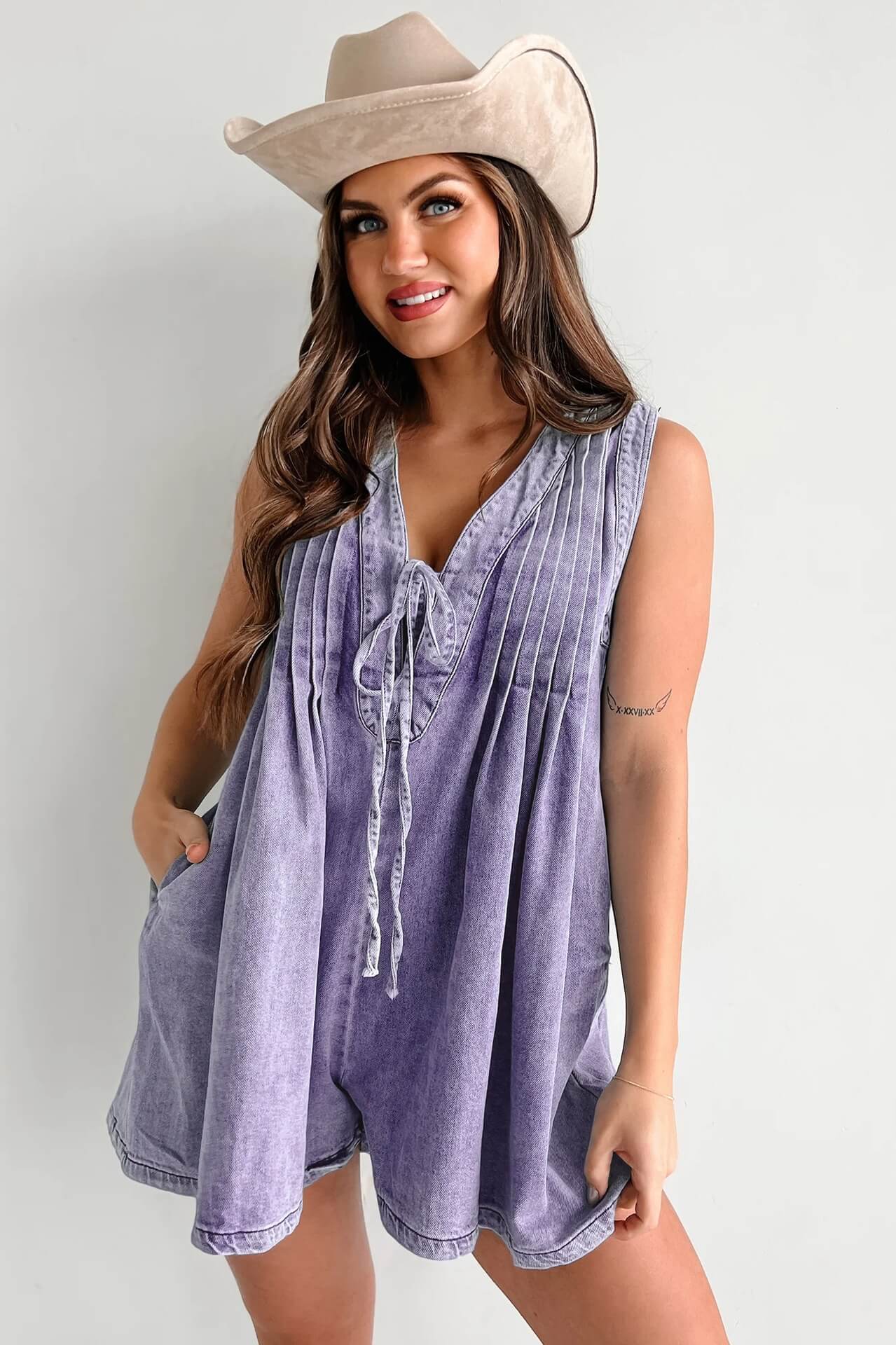 LANA LIGHT DENIM TIE-FRONT PLEATED ROMPER DRESS