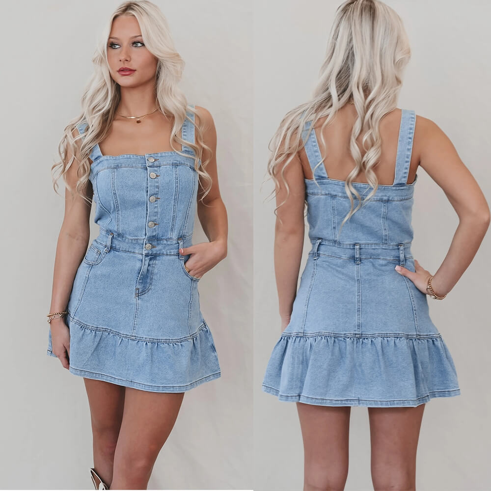 JENNY LIGHT DENIM BUTTON-UP RUFFLE MINI DRESS