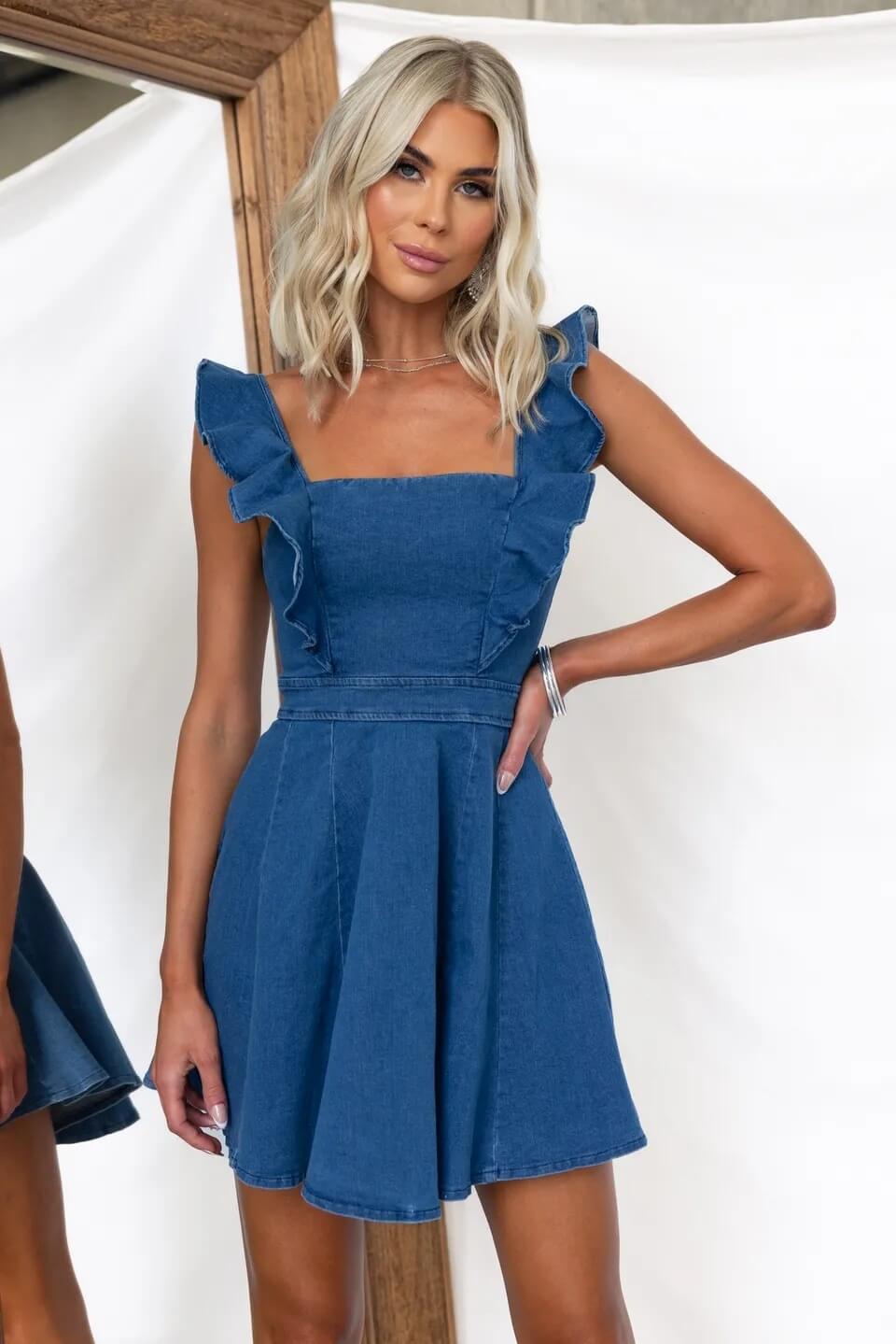 BELLA LIGHT DENIM RUFFLE STRAP FLARE MINI DRESS
