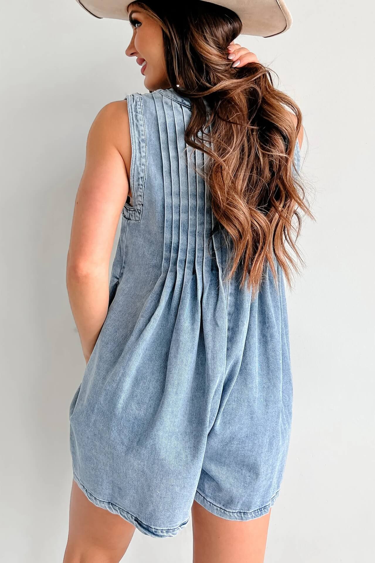 LANA LIGHT DENIM TIE-FRONT PLEATED ROMPER DRESS