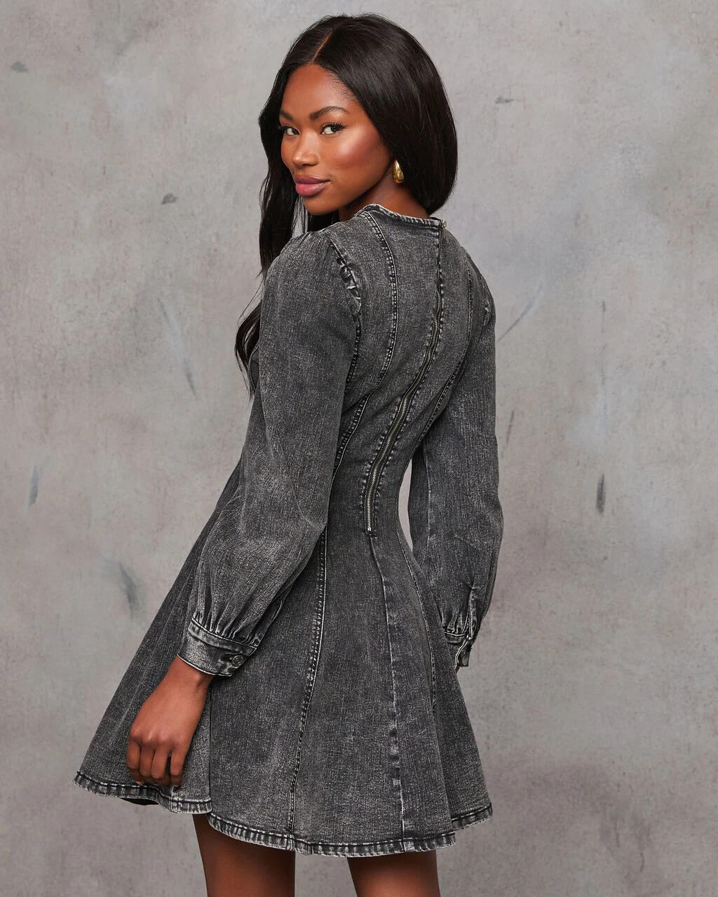 SOPHIA DARK WASH DENIM LONG SLEEVE MINI DRESS